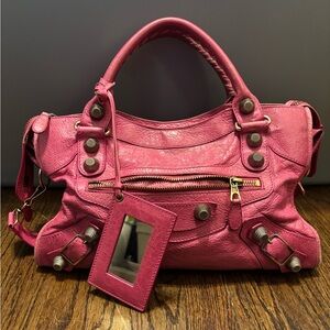 Vintage Balenciaga Motorcycle City Bag Fuchsia Giant 21 Gold Hardware and Mirror
